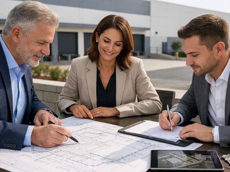Professionals reviewing an ALTA survey and title documents before closing on a commercial property