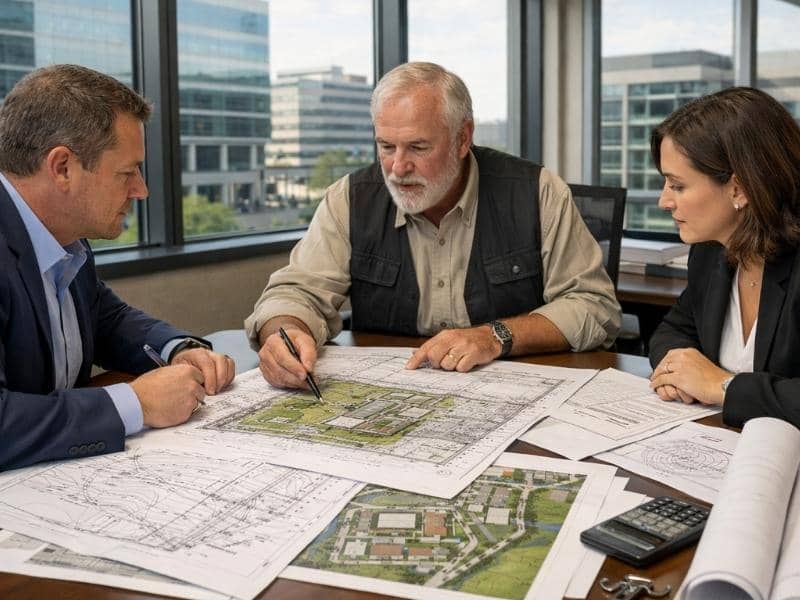 Commercial property buyers meeting with a surveyor to review site plans for an ALTA land survey