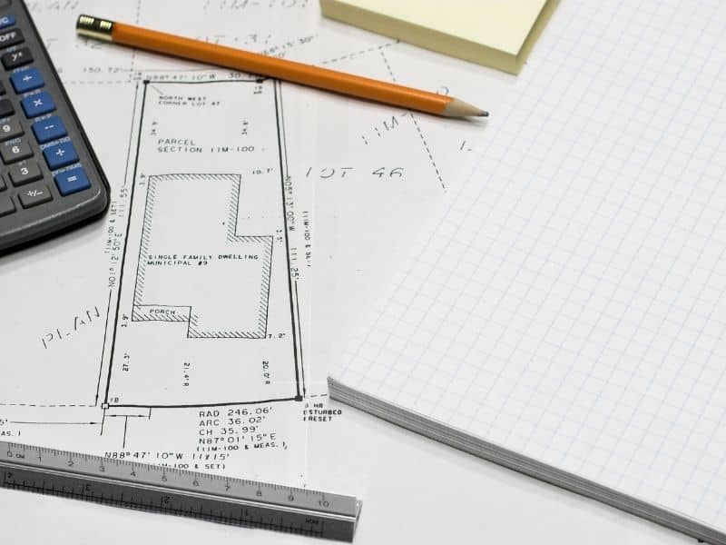 Commercial real estate professionals reviewing ALTA survey documentation at a mixed-use property with retail, office buildings, apartments, and shared parking.