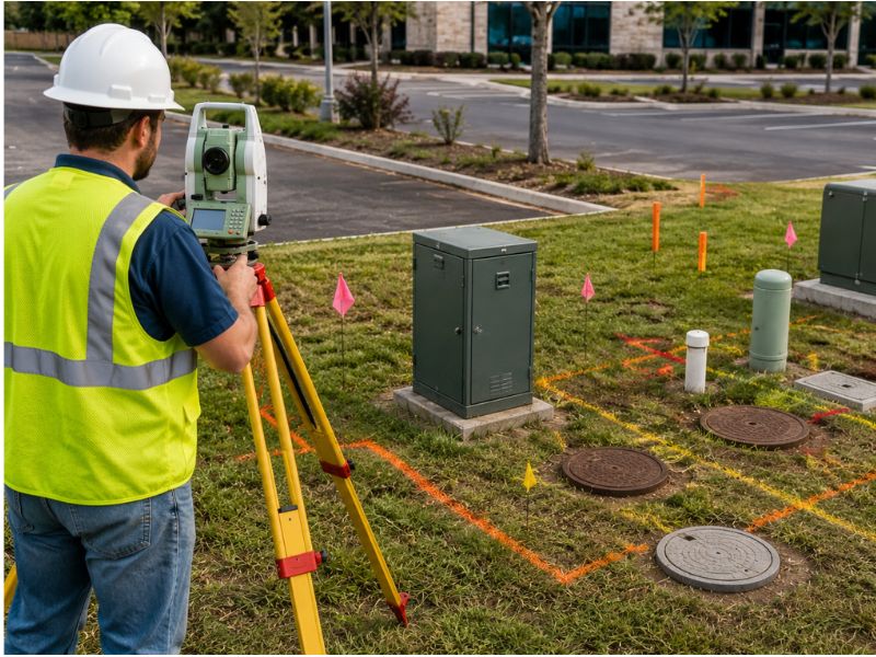 Land surveyor using a total station near utility markings, a manhole, and electrical equipment on a commercial property.
