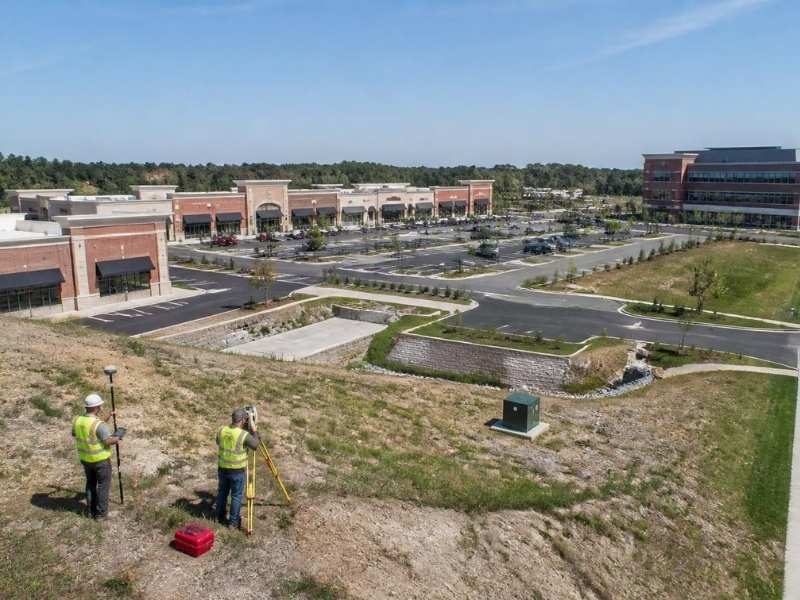 ALTA land survey crew mapping a shopping center and office building property before commercial development