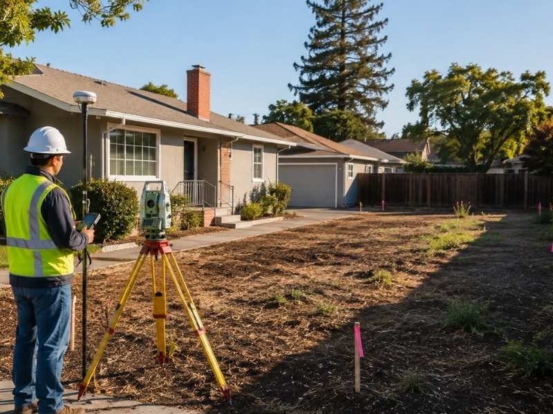 Land surveyor using surveying equipment to locate property lines on a residential property in Columbus, GA.