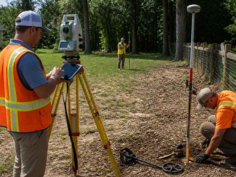 Property surveyor in Columbus GA using modern GPS and total station equipment to measure property boundaries and locate corner monuments.