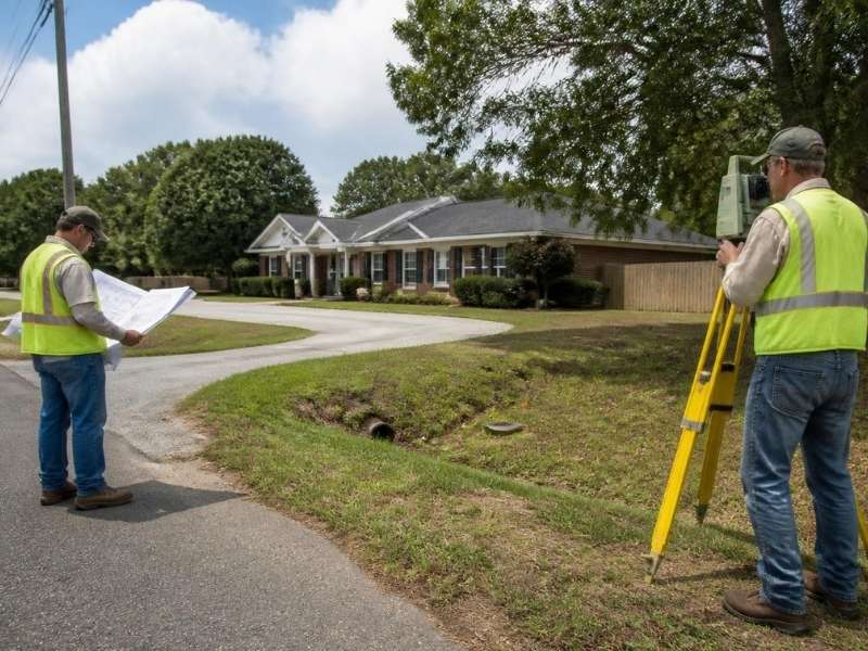 Land surveyor documenting property boundaries and site features for a plat of survey in Columbus, GA.